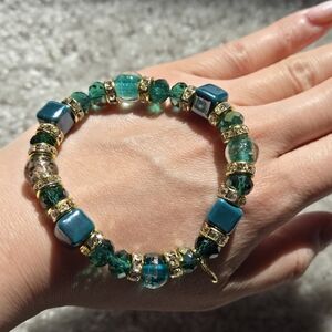 NEW Authentic Murano Glass Stretch Bracelet Dark Green In Gold Tone